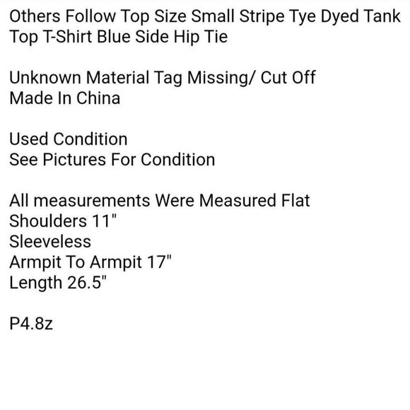 Others Follow Top Size Small Stripe Tye Dyed Tank Top T-Shirt Blue Side Hip Tie - Picture 5 of 5